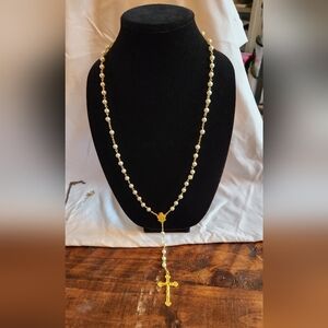 White & Gold Tone "Purity" Catholic Religious Christianity Rosary necklace.